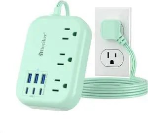 6 USB(3 USB C) Green Travel Power Strip- 5Ft Green Extension Cord with 6 USB Charging Station 24W and 3 Outlets, Cute Desk Accessories for Cruise Travel Kawaii Home Office Dorm Room