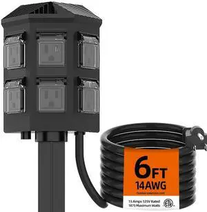 TiFFCOFiO Outdoor Power Strip Waterproof, 24 Hour Mechanical Timer, 6 ft Extension Cord, 6 Grounded Outlets for Outdoor Lights, ETL Listed (6 FT)