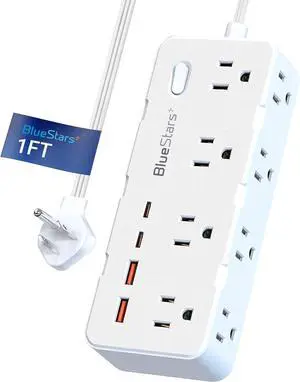 Short Extension Cord 1Ft - 8 Outlets Power Strip Flat Plug Surge Protector with 4 USB (5V 3.4A 17W), Multi Plug Wall Outlet Splitter, Desk Charging Station for Home Office Dorm Collages