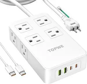 Power Strip Surge Protector with Multiple Outlets, Charging Station(100W Max), Flat Plug Extension Cord, 8 Outlets & 4 USB Ports (2 USB C), Desk Charging Station (White, 2 Prong 10 FT)