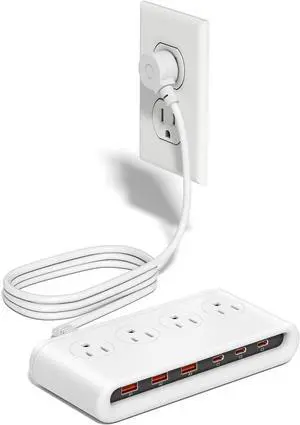 Power Strip with USB C 35W,10-in-1 Flat Plug Wall Charger - 5FT Extension Cord with 4AC, 3 USB A & 3 USB C - PD20W Charging Station for Multiple Devices - Travel Home Office (White)