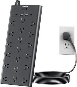 Power Strips with Surge Protection, HOPOW 6 Ft Flat Plug Power Strip Extension Cord with 19 Outlets and 4 USB Ports, 2100J Surge Protector, Wall Mount for Home, Office, Gaming Room, Dorm, Black