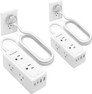 2 Pack Power Strip Surge Protector-6 Widely Spaced Outlets 4 USB Ports(2 USB C Port,PD 20W),1250W/10A with 5Ft Extension Cord, Power Strips with Surge Protection, Wall Mount for Home Office,White.