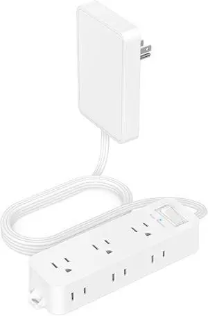 Flat Outlet Extender with Detachable Outlet Cover, Wall Extension Cord with 6 Sockets, Flat Plug Power Strip with 5 FT Cord Hidden for Home, Office, College Dorm, White