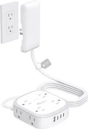 Outlet Cover Extension Cord Flat 6ft, NUTICT Flat Plug Power Strip with 8 Outlets & 3 USB-C & 1 USB-A Port, 13A/1625W, 1440J Surge Protector, Indoor 3 Prong Flat Wall Plug for Tight Spaces, White