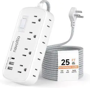 Extension Cord 25 FT Multiple Outlets - Surge Protector Power Strip 8 AC Outlets 3 USB (3.4A 17W) 1080 Joules Flat Long Braided Cord Wall Mountable for Home College Dorm 13A 1625W