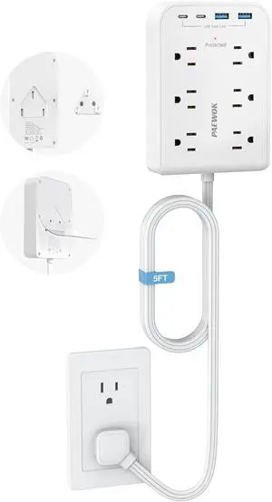 5 FT Flat Plug Extension with 4 USB(2 USB C), 6 AC Outlets Multiple Plug Expander Wall Charger, Ultra Thin Extension Cord, Power Strip Surge Protector for Home Office Kitchen. White