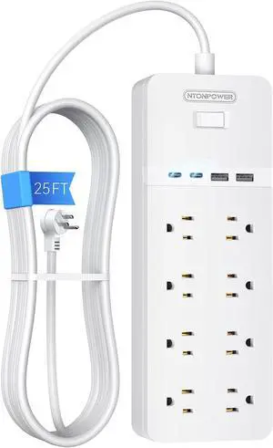 25 ft Extension Cord Flat Plug, NTONPOWER 8 Outlet Surge Protector Power Strip with USB Ports, 1080 Joules, 15A Circuit Breaker, Wall Mount for Home Office Workshop or Garage, ETL Listed, White