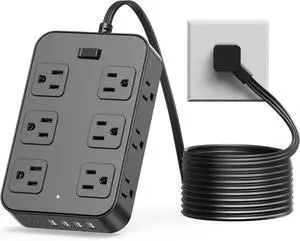 Flat Plug Power Strip Surge Protector 5 Ft Extension Cord with 12 AC Outlets 6 USB Ports 3 Side Multi Plug Outlet Extender Home Office Kitchen Dorm Room Wall Desk Charging Station ETL Listed