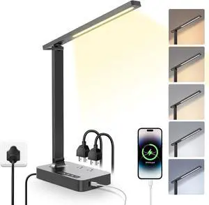Power Strip with LED Desk Lamp, 2 Outlets 1 USB-A Ports 1 Type-C Ports, Small Desk Lamp for Home Office with Surge Protection, 5ft Extension Cord, 5 Color Modes 5 Brightness, Dorm Room Essentials