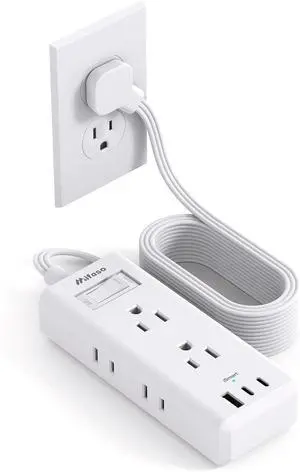 Flat Plug Extension Cord, 15ft Ultra Thin Flat Power Strip - 6 Outlets 3 USB Ports (2 USB C) 3 Side Outlet Extender, Power Strip with No Surge Protection for Cruise, Travel, Dorm Essentials