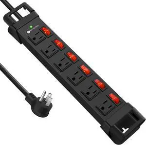 Heavy Duty Power Strip,6 Outlets Metal Power Strip with Individual Switch & Cord Management,Mountable Surge Protector 1200J,6FT Extension Cord(Black,6 FT)