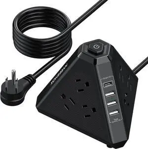 Tower Surge Protector Power Strip, NVEESHOX 9 AC Outlets with 4 USB Ports (1 USB C) 3-Side Triangle Outlets with USB Ports,6.5 Ft,Flat Plug, Charging Station with Surge Protection (Black+6.5 FT)