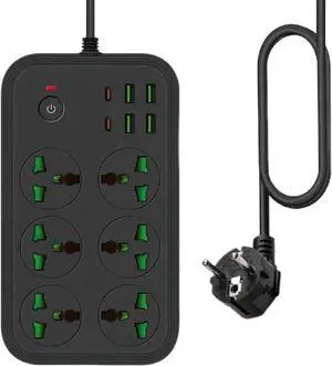 (EU Plug) 12 in 1 Power Strip with USB C, Universal Extension Cord with 6 Wide Outlets and 4 USB, 110-240v, Max 3000w, Wall Mount International Plug Extender for European Travel
