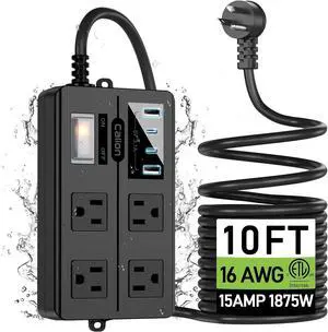 Outdoor Power Strip Weatherproof, IPX6 Waterproof Extension Cord Multiple Outlets with USB Ports, Overload Protection Shockproof,Electrical Power Strip Wall Mountable for Outdoor Decorations, Black
