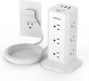 TESSAN Power Strip Tower with Surge Protection, Flat Plug Extension Cord 6 Feet with 12 Multiple Outlets 3 USB Ports (1 USB C), 900J Surge Protector Tower for Home,Supplies for Dorm Room Essentials