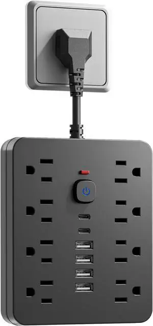 Power Strip Surge Protector - Chiefway Multiple Outlet Wall Plug with 8 AC Outlets, 6 USB Ports (2 USB C), Short Extension Cord, Flat Plug, Wall Mountable for Office Home Travel Dorm, Black