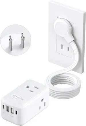 TROND 2 Prong Power Strip, Two Prong Outlet Adapter, 20W USB C, 10 FT Ultra Flat Plug Extension Cord, 1250W, 3 Outlets, Wall Mount, 3 Side Design, Ideal for Old House, White