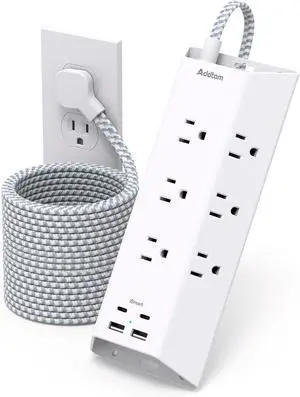 Surge Protector Power Strip 15 ft, Addtam Flat Plug Extension Cord with 4 USB Wall Charger(2 USB C Port), 9 Widely Outlets Desk Charging Station, Home Office and College Dorm Room Essentials