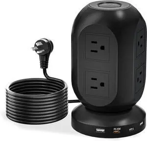 Surge Protector Power Strip Tower-Power Tower with USB Ports with 8 Outlets and 2 USB Ports,2 USB C,Extension Tower with 1250W/10A 6 ft Flat Extension Cord with Multiple Outlets for Home Office Dorm