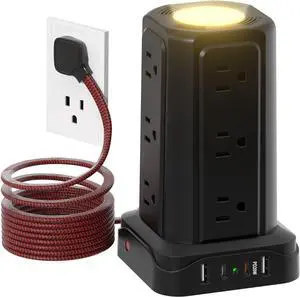 PASSUS Power Strips with Surge Protection, Flat Plug Power Strip with 12 Outlets 4 USB Ports, Charging Tower 1625W/13A 6FT Braided Extension Cord with Multiple Outlets Office Supplies Dorm Essentials