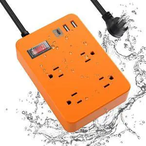 Outdoor Power Strip Weatherproof,Fast Charging Station 20W USB C,Waterproof Surge Protector 4 Outlets, Multi Outlet Extension for Camping, Garden, Kitchen,Bathroom,Flat Plug (Orange, 6 FT Cable)