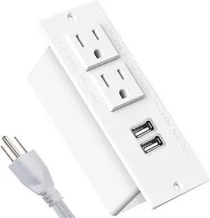 Furniture Recessed Power Strip, Power Outlets, Desk Outlet with USB, Authoritative Certification with 2 AC Plugs, 2 USB Ports Connect with 6.56ft Power Cord (White)
