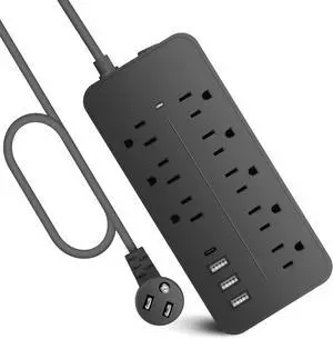 Extension Cord Surge Protector Power Strip - Flat Plug Braided Power Bar with 8 Widely Outlets and 4 USB Ports(1 USB C), Multi Plug Wall Mount Desk USB Charging Station for Home Office