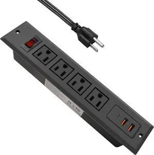 Recessed Power Strip with Type C 20W PD Fast Charge Desk Power Outlet 4 Outlets 2 USB and 1 USB C Built in Furniture Extension Power Plug for Dorm Office (Black)