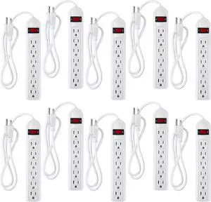 Hoteam 10 Pcs Power Strip Bulk 6 Outlet Surge Protector Power Cord Electrical Extension Cord with Switch Low Profile Plug Flat for Home Office(4 ft,White)