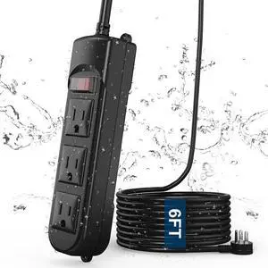 Outdoor Power Strip Weatherproof, 25FT Heavy Duty Outdoor Extension Cord with 3 Outlets, Overload Protection, IPX4 Waterproof, Surge Protector for Kitchen, Bathroom, Patio (6FT-Black)
