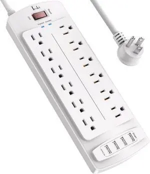Power Strip, Tcstei Surge Protector with 12 Outlets and 4 USB Ports, 6 Feet Extension Cord (1875W/15A) for for Home, Office, Dorm Essentials, 2700 Joules, ETL Listed, (White)
