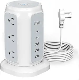 BESFAN Power Strip Tower, 1625W Surge Protector with 9AC Outlets 5 USB Ports, 6.5 FT Extension Cord Charging Tower for Multiple Devices, for Office Supplies, Dorm Room Essentials for Girls, Guys