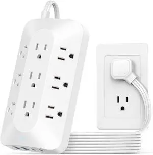 Flat Plug Power Strip, Ultra Thin Extension Cord 5ft, 9 Outlets with 4 USB (2 USB C), Multiple Outlet Extender Surge Protector for Home, Office, Dorm Essentials. White