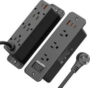 Recessed Power Strip, Flush Mount Furniture Outlet with 6 Outlets 5 USB Ports (3 USB C), 5 FT Flat Plug Extension Cord, Desktop Charging Station for Nightstand, Side Table, 900J Surge Protector, Black