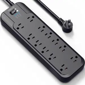VINTAR Power Strip Surge Protector with 12 AC Outlets, 1875W Output, 10FT Long Extension Cord Flat Plug with Dual Surge Protection (2 × 4800 Joules) for Office, Home, ETL Listed, Black