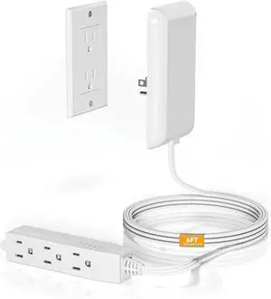 Flat Plug Extension Cord - 6 Outlets Power Strip with Detachable Ultra-Thin Outlet Cover, 6FT Cord, Universal Size, 13A 125V 1625W, ETL Listed, White - Ideal for Home, Office, Living Room (6FT)
