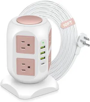 Rose Gold Power Strip Desk Accessories for Women, Girls - Flat Plug Outlet Extender (8 Outlet 4 USB Port) - 10FT Extension Cord Tower Surge Protector - USB C Charging Station - Home Office Room Decor