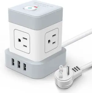 Baykul Power Strip with USB, 4 Outlet 3 USB Ports (3 USB-A) Power Strip Cube, 10 ft Extension Cord, Flat Plug Surge Protector, Kitchen, Home, Office, Travel, White