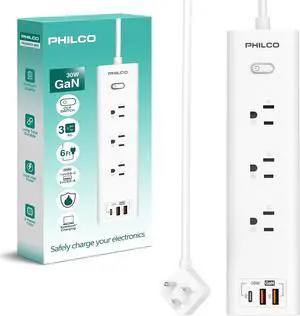 Power Strip with 3 AC Outlets, 30W USB-C Port, 2 USB-A Ports & 6ft Extension Cord  LED Indicator, Fast Charging for Laptops, Phones & More  Compact Design for Home, Office & Travel