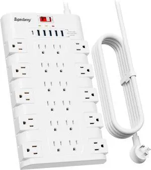 10Ft Extension Cord with Multiple Outlets, SUPERDANNY Surge Protector Power Strip with 22 AC Outlets and 6 USB (1 USB-C Ports), Flat Plug Heavy Duty (1875W/15A) for Home, Office, Gaming Room, White