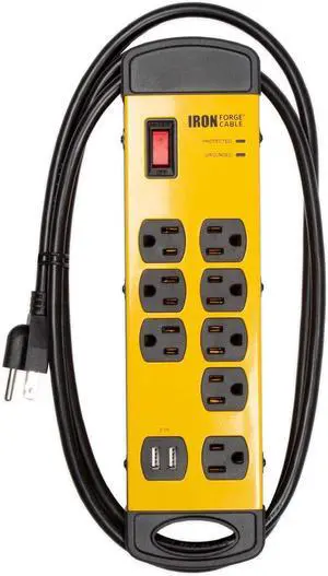 Iron Forge Cable 8 Outlet Heavy Duty Surge Protector Power Strip with Built-in Circuit Breaker, 14/3 SJT Black & Yellow with 6 ft Extension Cord