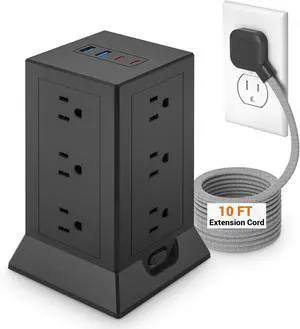 KING-LINK Flat Extension Cord 10 ft, Surge Protector Power Strip Tower with 12 AC Outlets and 4 USB Ports (2 USB C) for Home Office Dorm, Black