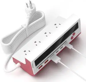 10-in-1 USB Charging Station, 4 Outlets Power Strip with 6 USB, 5 FT Long Extension Cord, 45° Flat Plug, 20W Fast Mulit Charging Station for Home Office Travel Plug Extension Outlet (Red)