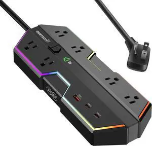 6 Outlet Surge Protector with USB Power Strip (2 USB-C) 6 Ft Extension Cord, with Full Spectrum Color Select,Compatible with Gaming PC,Black (65W)