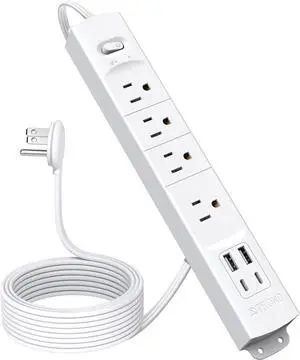 TROND Flat Plug Power Strip USB-10ft Flat Extension Cord Surge Protector Wall Mount, 2 USB C & 2 USB A Ports with Multiple Outlets, 1440J, 1625W for Office Supplies Dorm Room Essentials, White