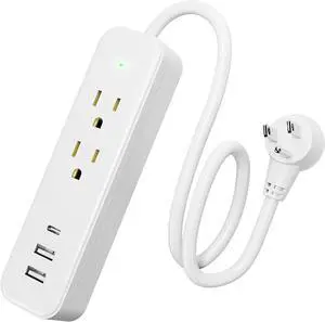Power Strip Surge Protector - Flat Plug with 3 USB Ports 2 AC Outlets 20 Inch Extension Cord Small White Wall Mountable Outlet Extender for Travel Home Office College Dorm Room 1875W 125V 15A