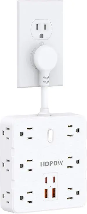 Short Extension Cord 4 Inch, Flat Plug Small Power Strip with 12 AC & 4 USB(2 USB-C), 1875W/15A, 1700J Multiple Compact Surge Protector, Wall Outlet Extender for Home Office Travel, White