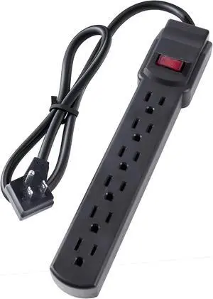 6-Outlet Surge Protector  250 Joules, 6ft Cord, 15A/125V, 1875W Max  Right Angle Plug, Black  Home, Office, & Electronics Protection