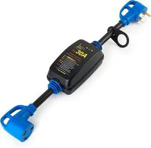 30 Amp RV Surge Protector with Circuit Analyzer, Dual Extension Cord Design, Waterproof & Fireproof Power Guard with LED Indicator and Lock Ring, Surge Protection for Camper, Trailer, Motorhome